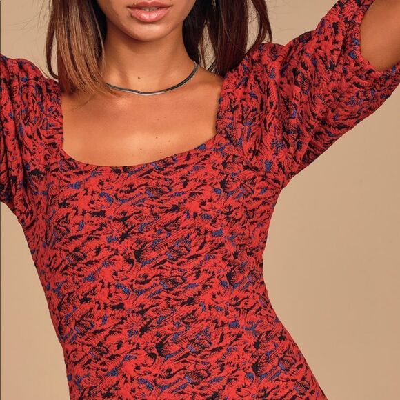 NWT Free People Sunset Red Multi Print Puff Sleeve Bodycon Mini Dress - Picture 4 of 8
